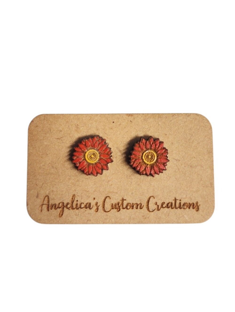Crimson Sunburst Bloom Wood Stud Earrings